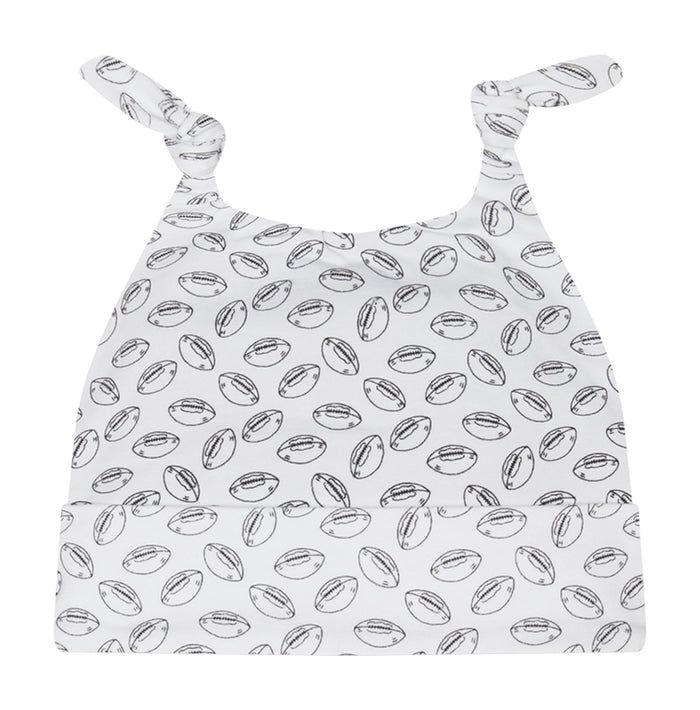 Infant knit beanie in white with football print and knotted top
