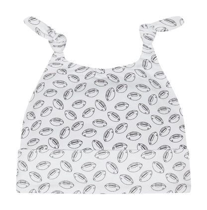 Infant knit beanie in white with football print and knotted top