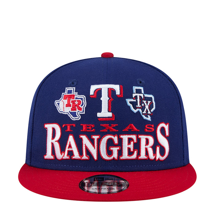 Two-tone baseball cap with navy crown, red brim, and front Rangers logo patch.