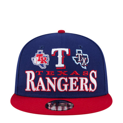 Two-tone baseball cap with navy crown, red brim, and front Rangers logo patch.