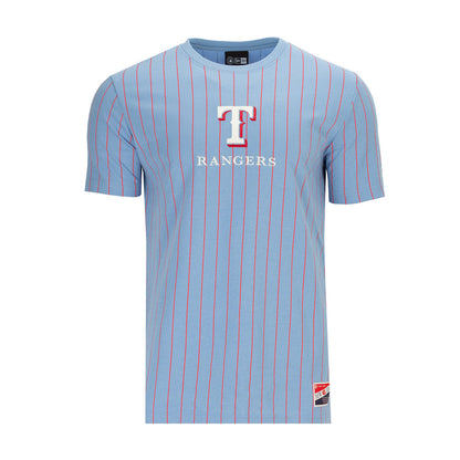 Men's light blue pinstripe T-shirt with Rangers chest logo and T emblem.