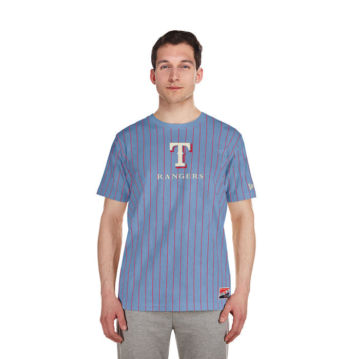 Men's light blue pinstripe T-shirt with Rangers logo and T emblem, short sleeves.