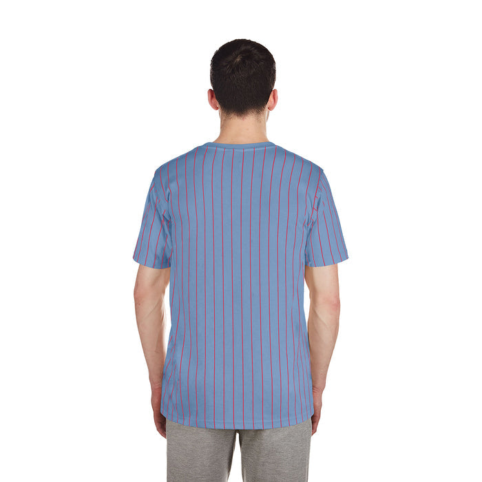 Men's light blue pinstripe T-shirt, back view, short sleeves, no back graphic visible.