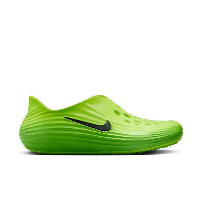 Lime green men's slip-on clogs with black Nike swoosh and ribbed texture