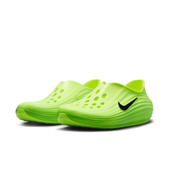 Lime green slip-on clogs with perforated upper and black Nike swoosh