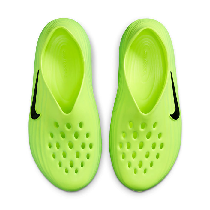 Pair of lime green slip-on clogs with perforated uppers and black swooshes