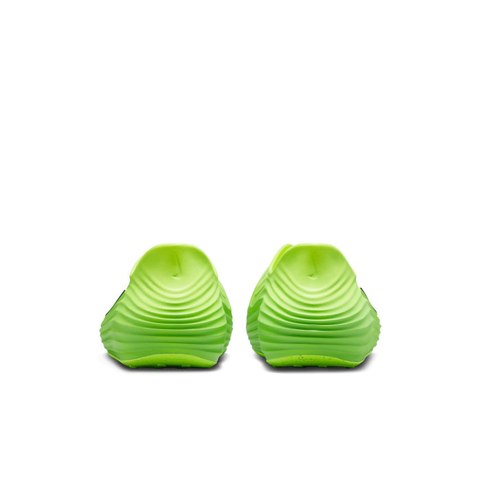 Pair of lime green clogs with ribbed heel and textured outsole