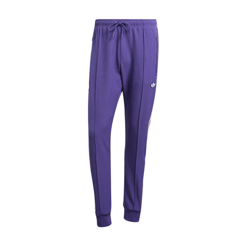 Men's purple track pants with white side stripes and ribbed ankle cuffs