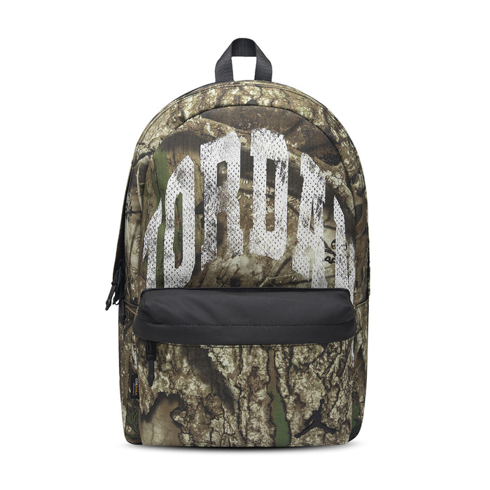 Camouflage daypack with large front zip pocket and top handle, olive and dark tones