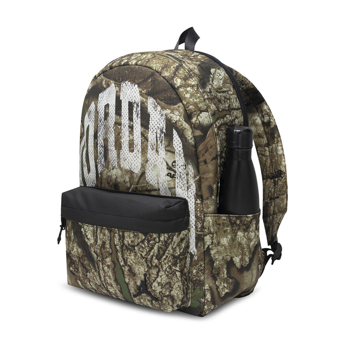Camouflage daypack with front zip pocket and side carry handle, olive and dark tones