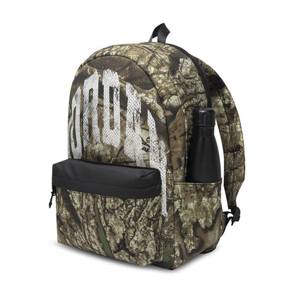 Camouflage daypack with front zip pocket and side carry handle, olive and dark tones