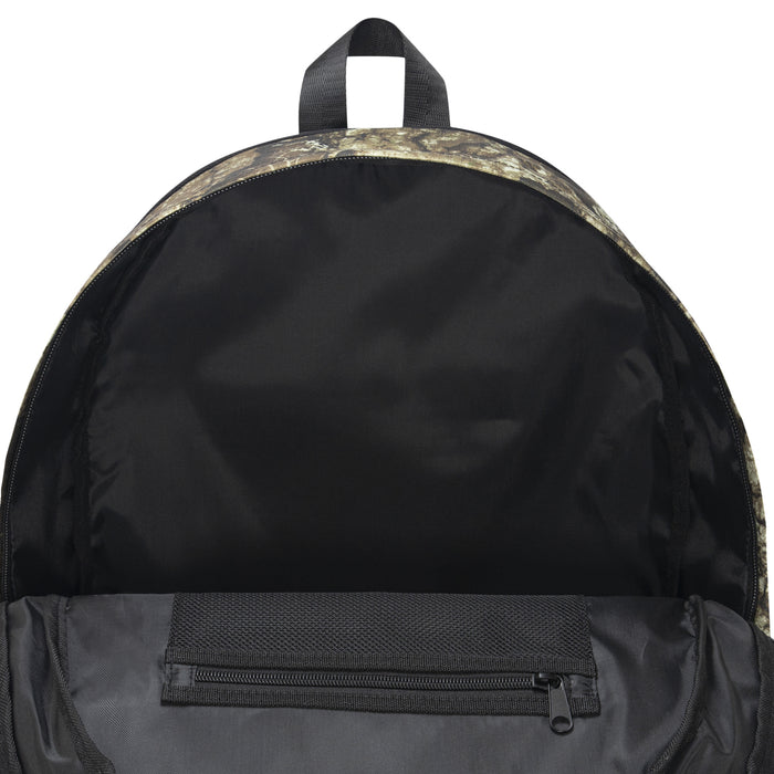 Camouflage daypack interior with top opening and zip pocket on black lining