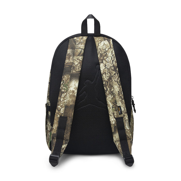 Camouflage daypack back view with padded shoulder straps and top handle