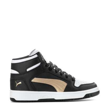 Youth high-top sneakers in black, white, and gold with lace-up and Puma logo