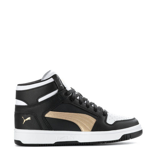 Youth high-top sneakers in black, white, and gold with lace-up and Puma logo