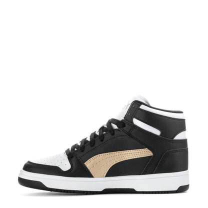 Youth high-top sneakers, black with white stripe and gold panel, lace-up