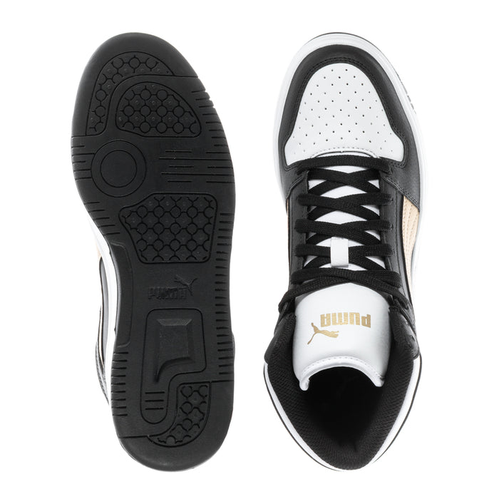 Youth high-top sneakers outsole view, black sole with white toe lining, lace-up