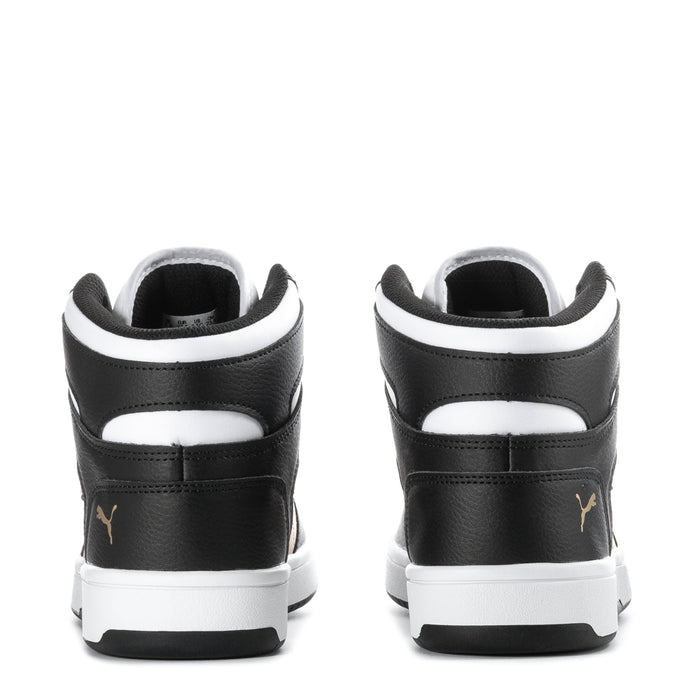 Youth high-top sneakers back view, black with white heel stripe and Puma marks