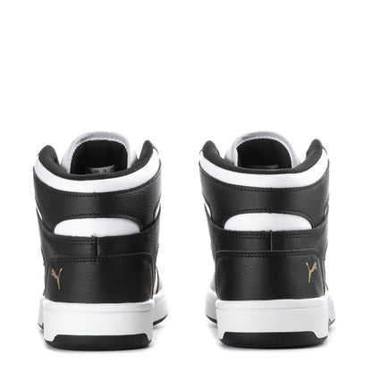 Youth high-top sneakers back view, black with white heel stripe and Puma marks