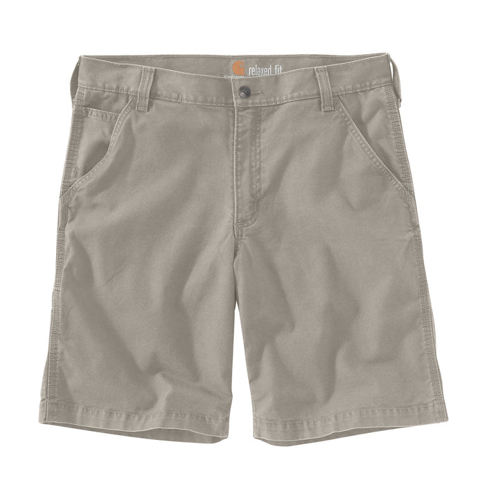 Men's tan relaxed 10" dungaree shorts with belt loops, button fly, front pockets
