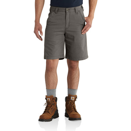 Men's relaxed fit dungaree shorts in gravel gray, side view with belt loops