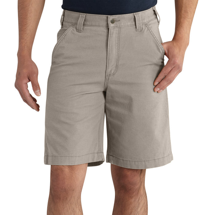 Men's tan relaxed shorts, front slant pockets and back patch pockets, belt loops