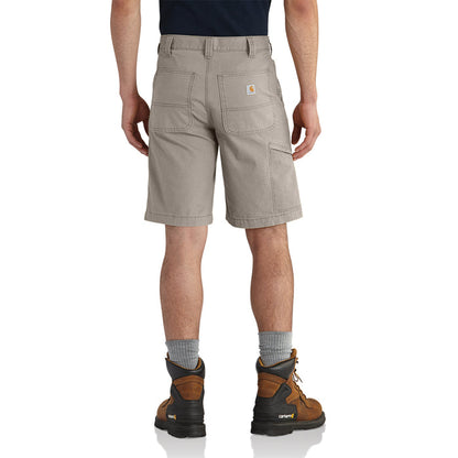 Men's tan relaxed 10" dungaree shorts, back view with yoke seam and logo patch pocket