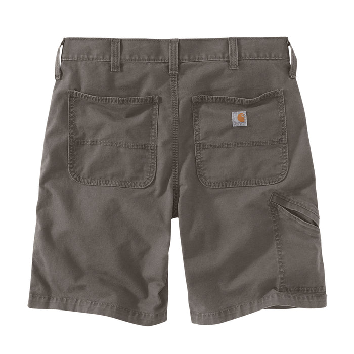 Men's dungaree shorts in gravel gray, back close-up with flap patch pockets