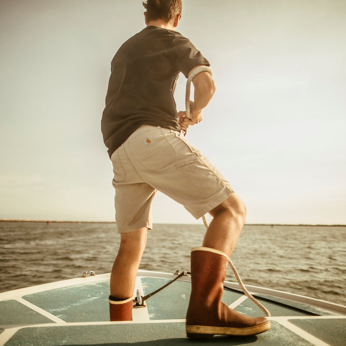 Men's tan relaxed 10" shorts with belt loops and side pockets
