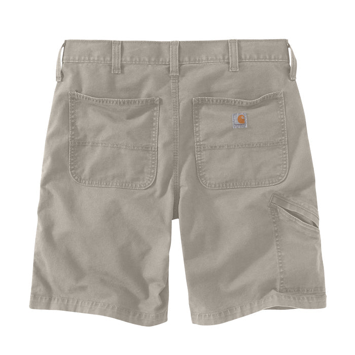 Men's tan relaxed 10" dungaree shorts, back close-up with two patch pockets