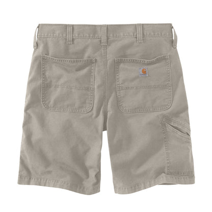 Men's tan relaxed 10" dungaree shorts, back close-up with two patch pockets