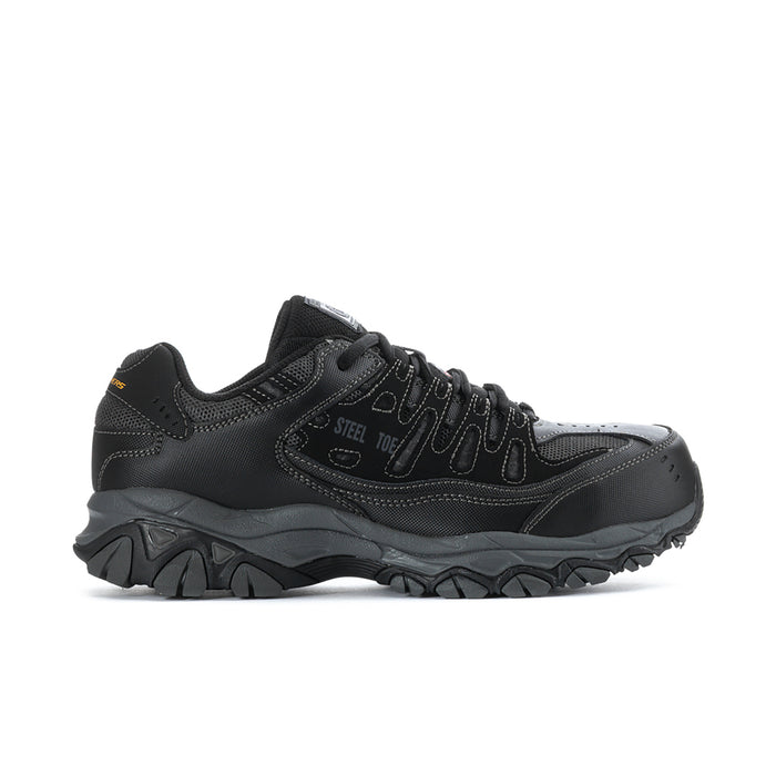 Men's black steel-toe work sneaker with lace-up, textured panels, and chunky outsole
