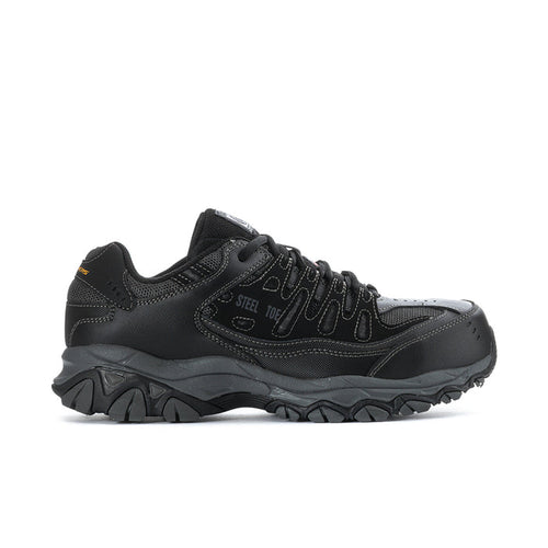 Men's black steel-toe work sneaker with lace-up, textured panels, and chunky outsole