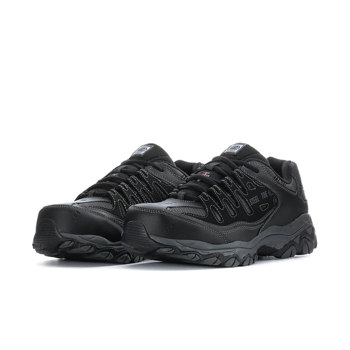 Men's black steel-toe sneaker, lace-up with rugged tread sole and side logo accents
