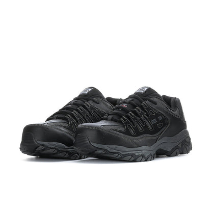 Men's black steel-toe sneaker, lace-up with rugged tread sole and side logo accents