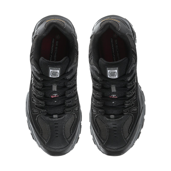 Pair of men's black steel-toe sneakers, front view of lace-up uppers and padded tongue