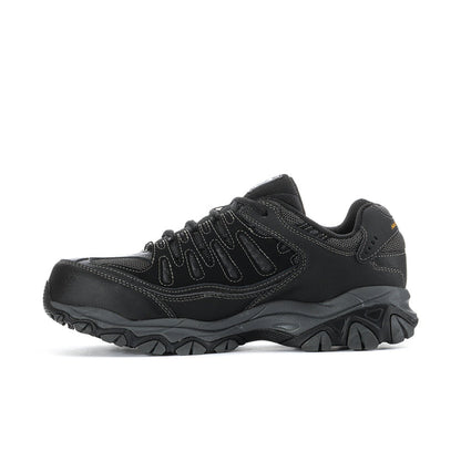 Men's black steel-toe sneaker, profile view with stitched overlays and deep lug outsole