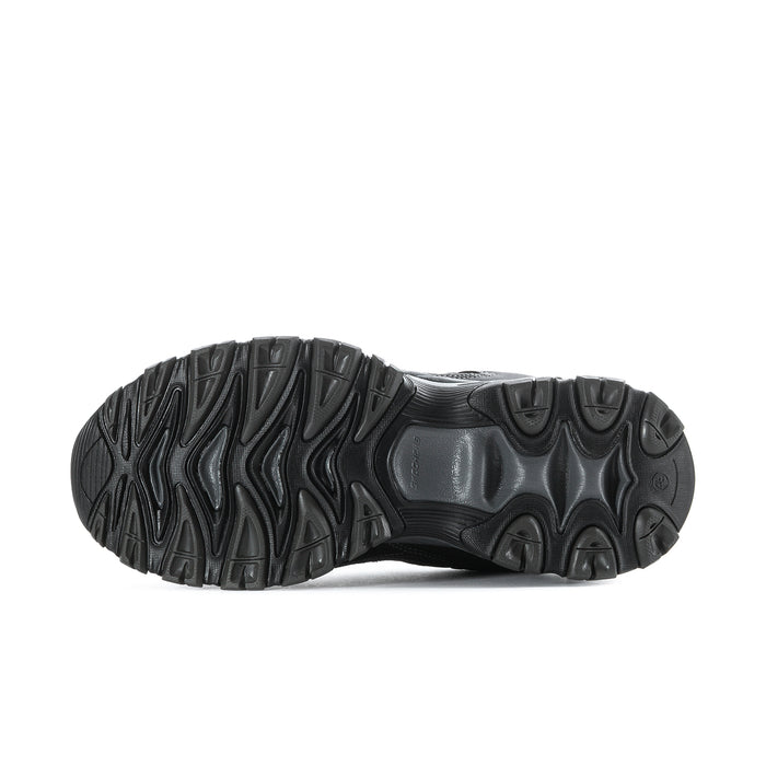 Men's black steel-toe sneaker outsole, non-slip tread pattern on rugged rubber sole