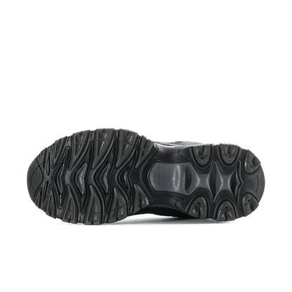 Men's black steel-toe sneaker outsole, non-slip tread pattern on rugged rubber sole