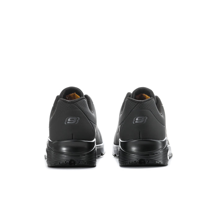 Black Skechers sneakers heel view with padded back and logo on heel