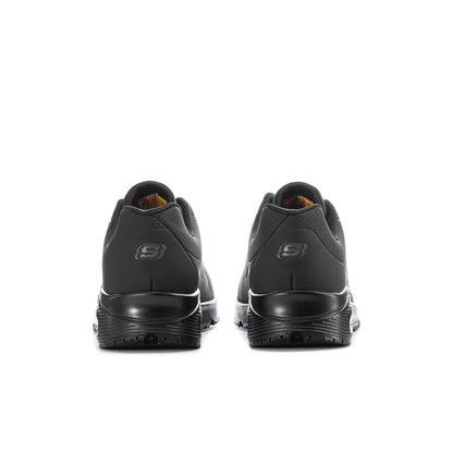 Black Skechers sneakers heel view with padded back and logo on heel