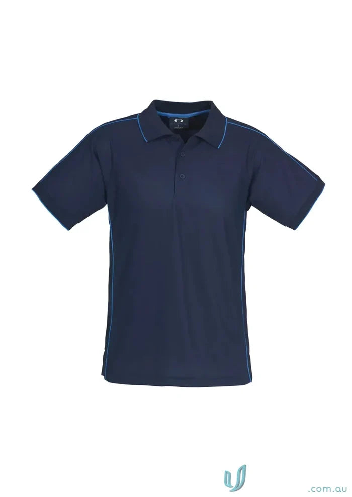 Navy blue mens resort polo with light blue stitching for effortless style