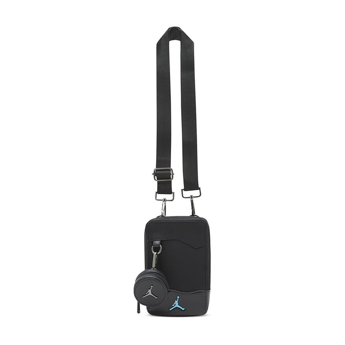 Black crossbody bag with adjustable shoulder strap and front zip pocket