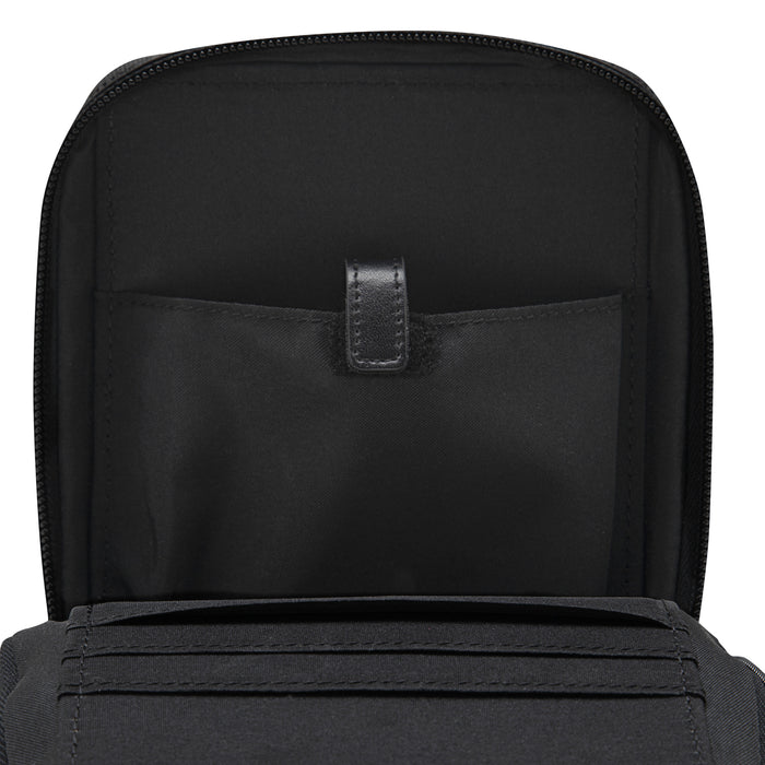 Black bag interior with zip closure and front divider pocket