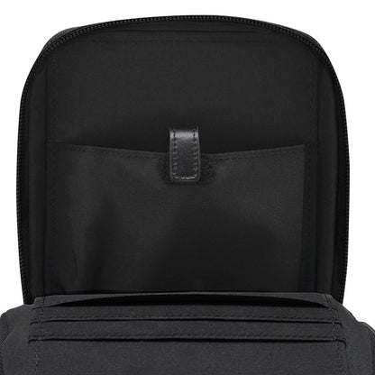 Black bag interior with zip closure and front divider pocket