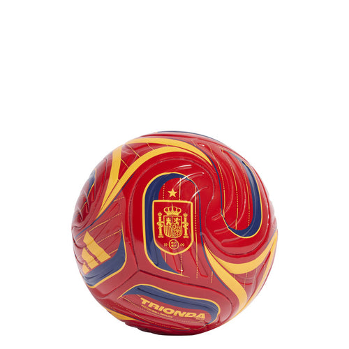 Red mini soccer ball with Spain crest, yellow-blue swirls, glossy panel graphics