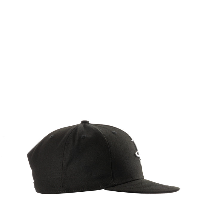 Black front-facing cap with curved brim and embroidered side details