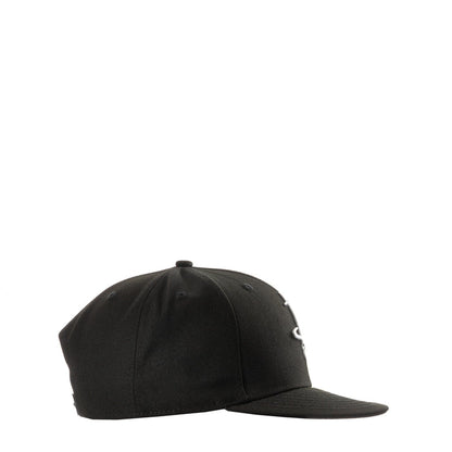 Black front-facing cap with curved brim and embroidered side details