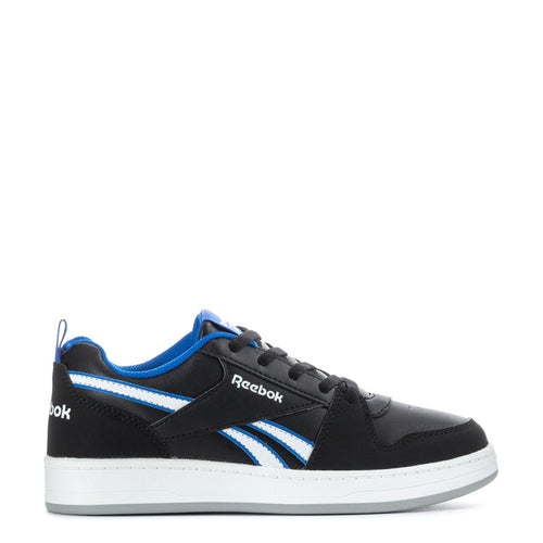 Youth black Reebok sneakers with blue accents, white sole, lace-up design