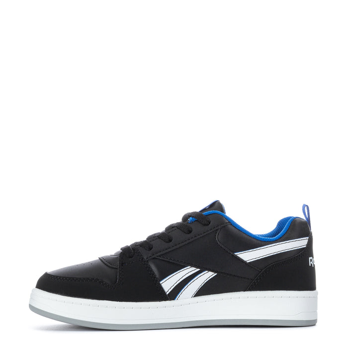 Youth black Reebok sneakers side view, Reebok logo, blue stripes, white midsole